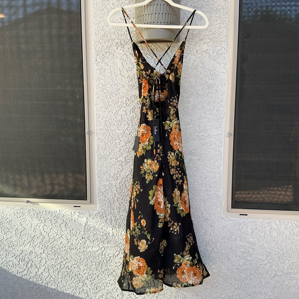 NWT Lulu’s Petal Prowess Black Floral Print Lace-Up Cowl Midi Dress Size XXS - Picture 5 of 10